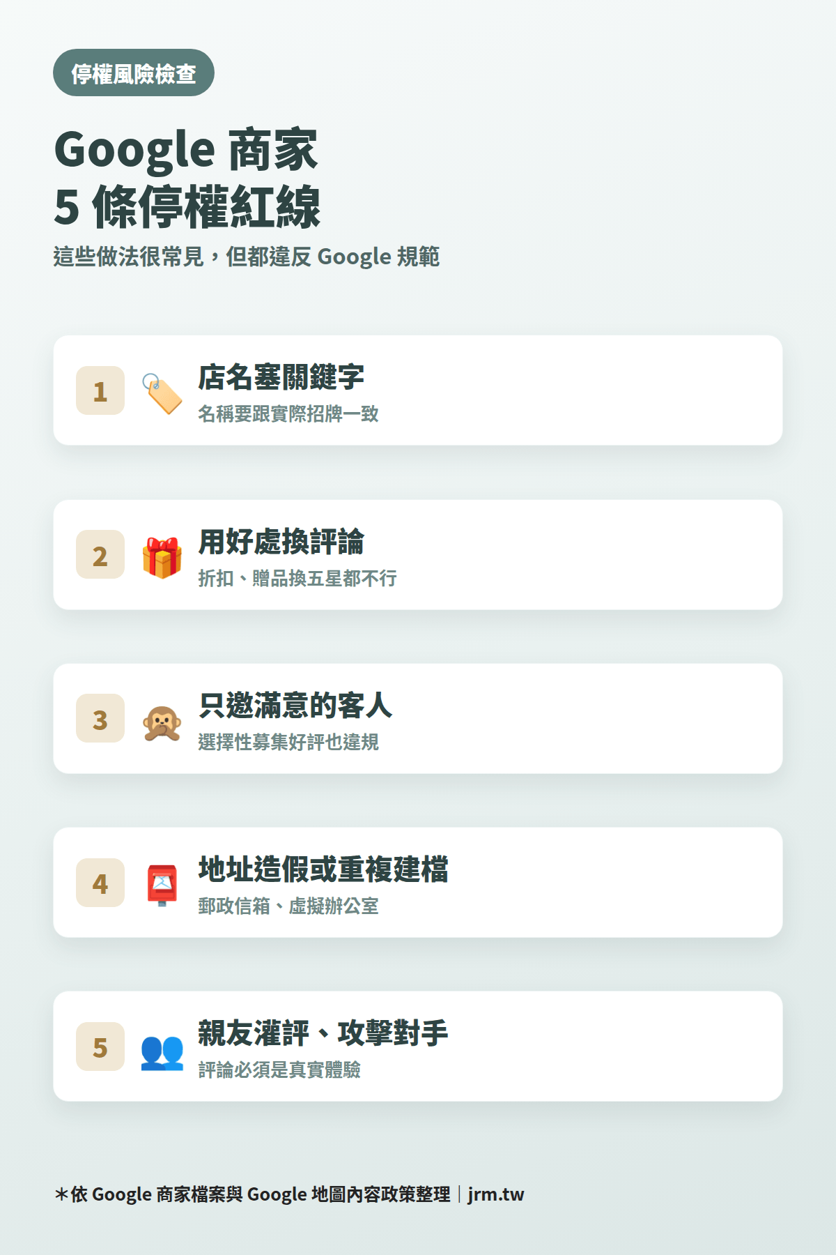 Google 我的商家 5 條停權紅線:店名塞關鍵字、用好處換評論、只邀滿意客人、地址造假或重複建檔、灌評論
