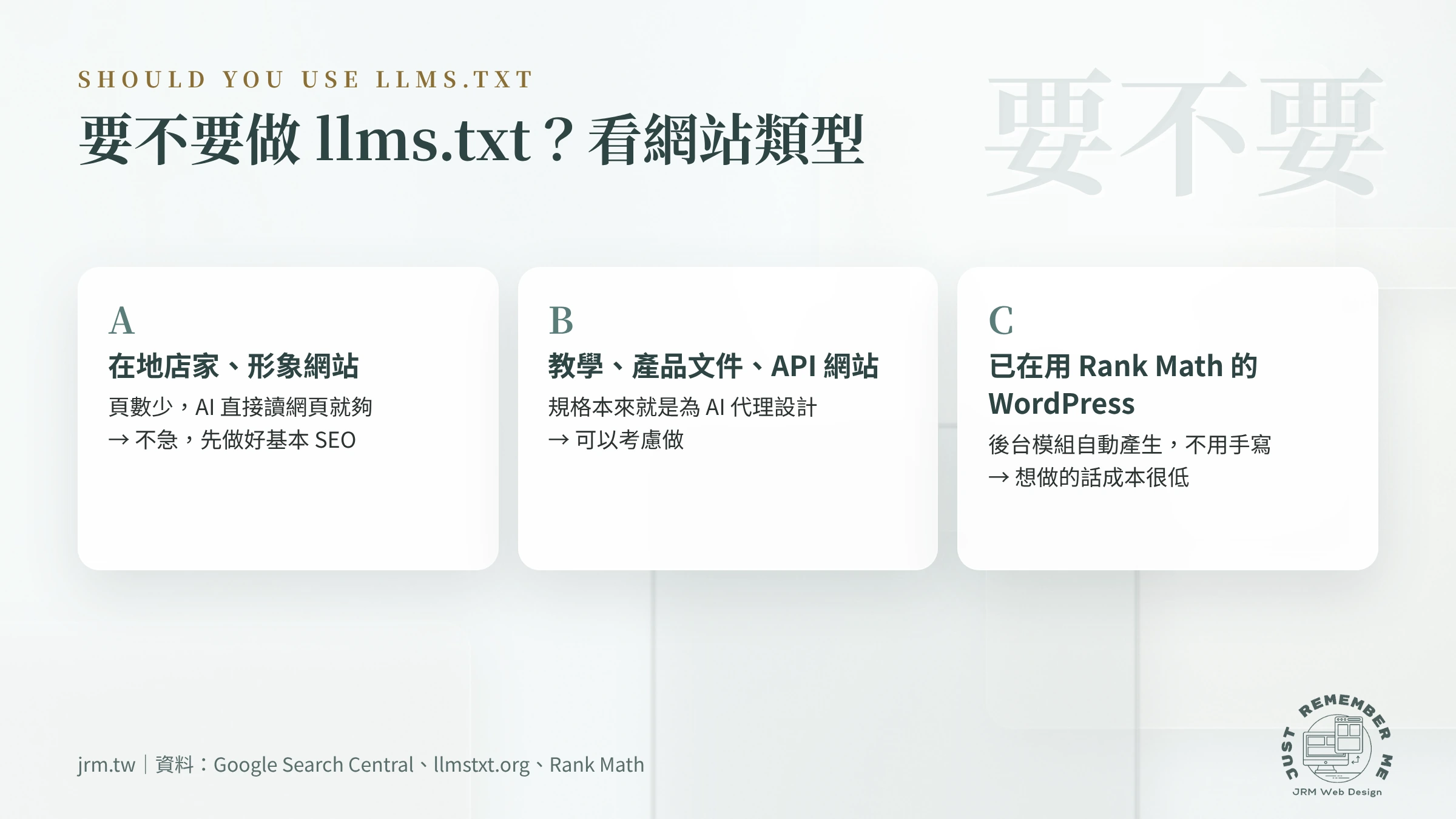 常被拼成 llm.txt 的 llms.txt 要不要做:在地店家、文件型網站與 Rank Math 網站的三種判斷