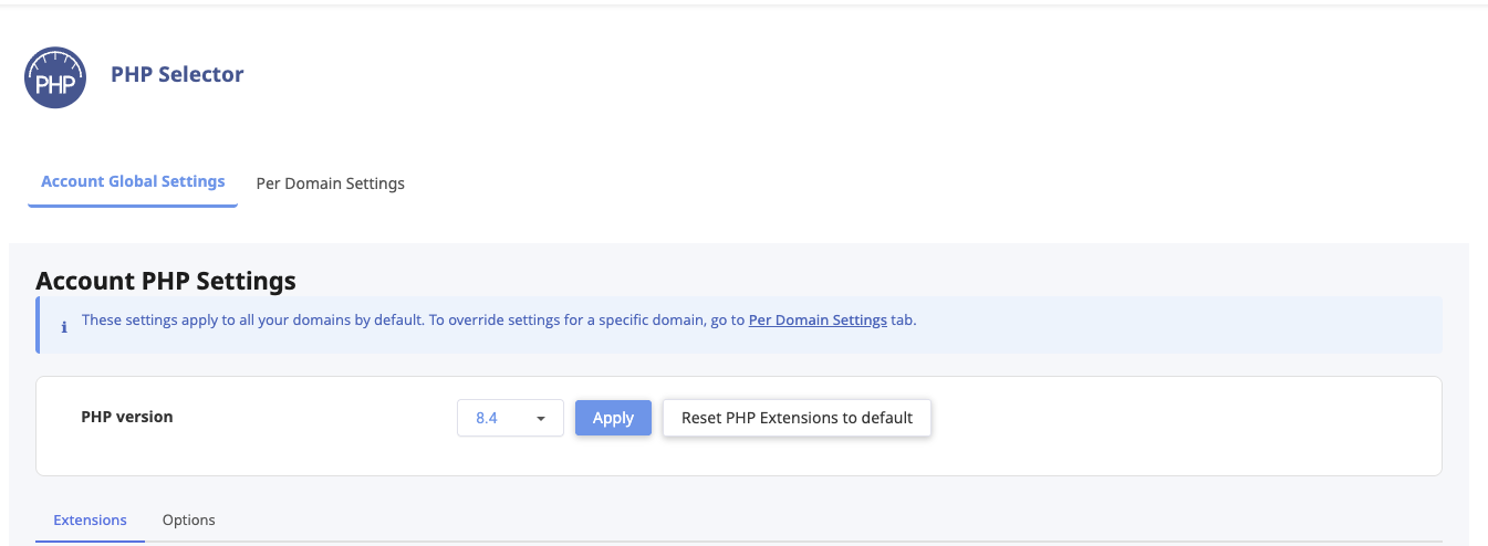 cPanel PHP Selector 畫面：把 PHP 版本從 8.3 切到 8.4 並按下 Apply