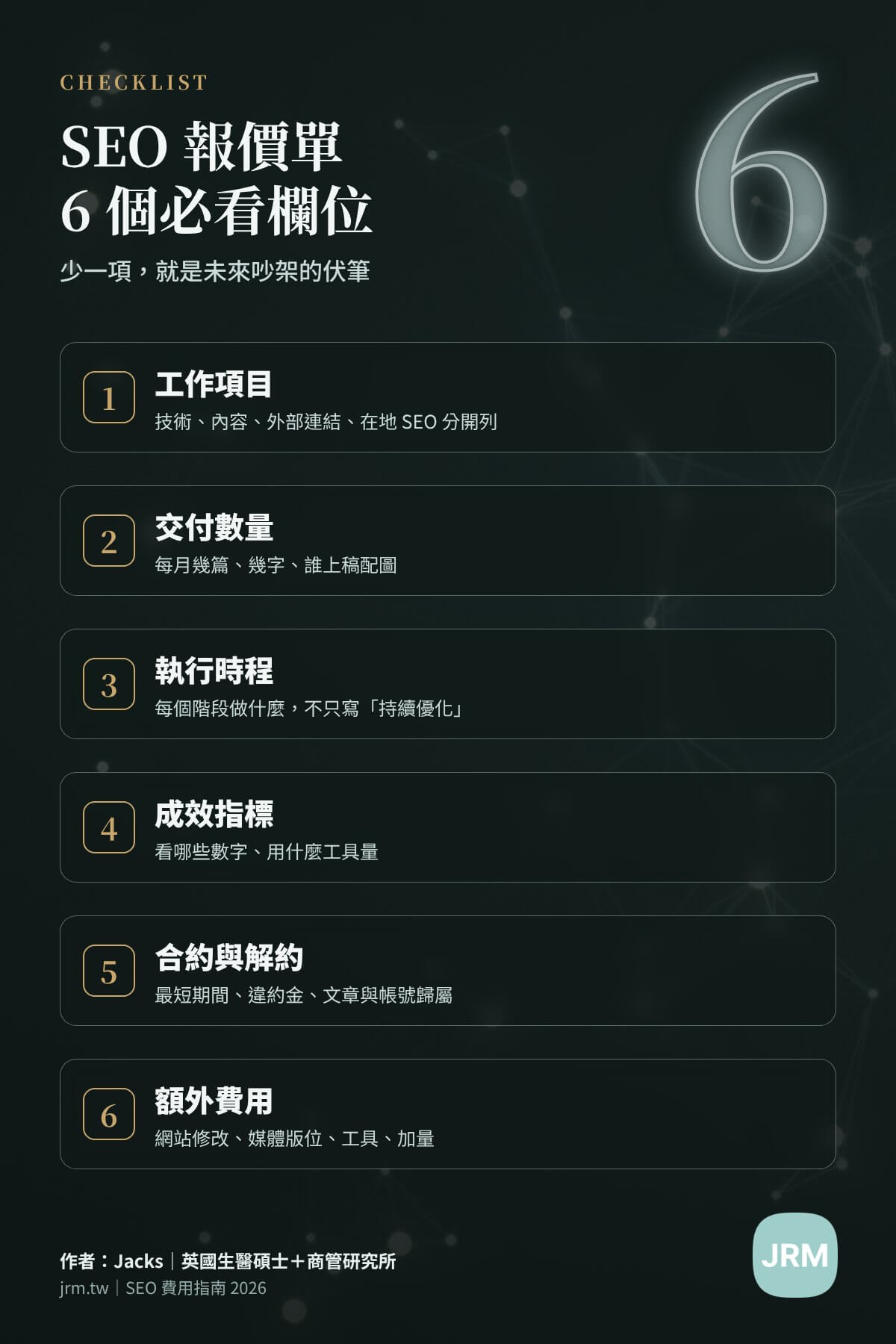 SEO 報價單 6 個必看欄位檢查表：工作項目、交付數量、時程、成效指標、合約與額外費用