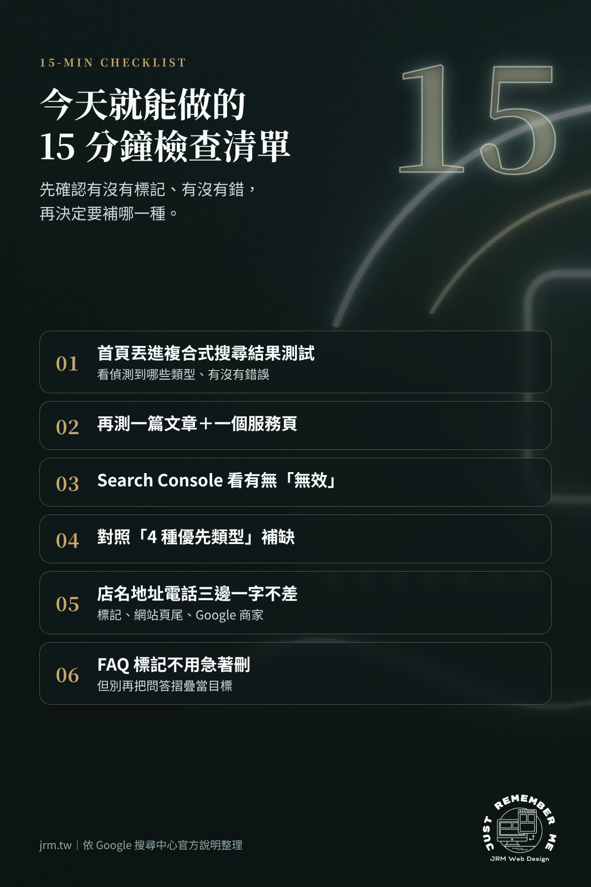 結構化資料 15 分鐘檢查清單,6 個步驟從複合式搜尋結果測試到 Search Console 報告